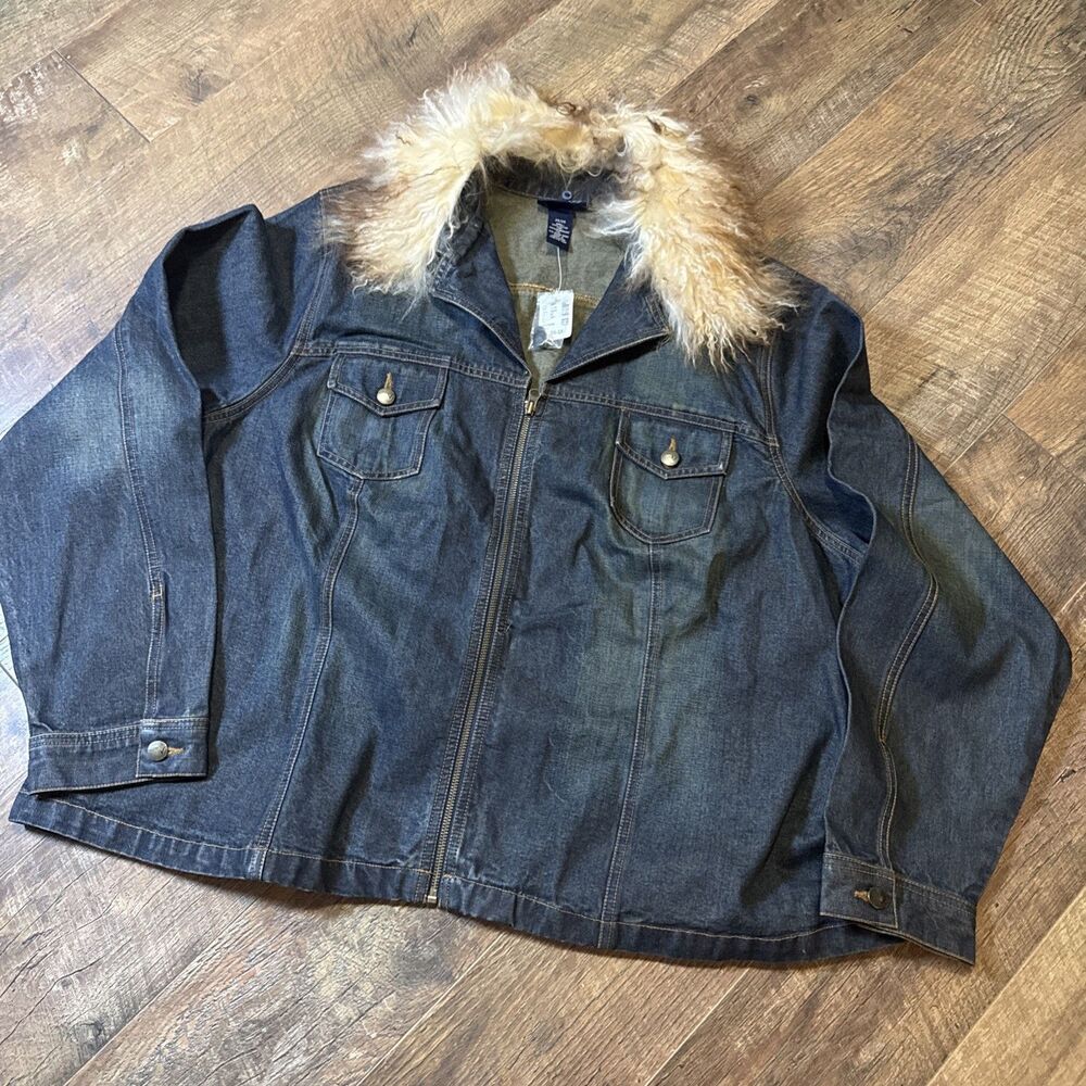 Women's Denim Jean Jacket with Mongolian Fur Trim 26/28 Plus Size NWT